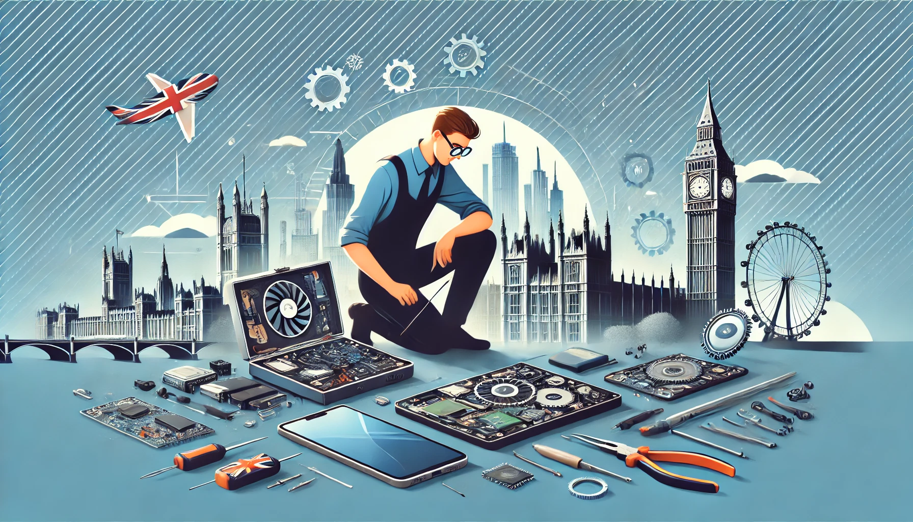  A modern hero image for a gadget repair services website focused on the United Kingdom. The image should show a technician carefully repairing gadgets