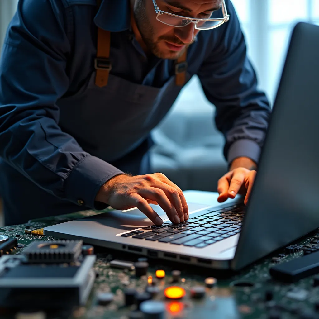 this is an image showing a repair man repairing a laptop